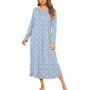 Ekouaer Nightgowns for Women Long Sleeves Nightgown Soft Sleepwear Button V Neck Sleepshirt Long Nightgown S-XXL(Light Blue Flower)