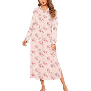 Ekouaer Nightgowns for Women Long Sleeves Nightgown Soft Sleepwear Button V Neck Sleepshirt Long Nightgown S-XXL(Pink Flower)
