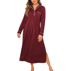 Ekouaer Nightgowns for Women Long Sleeves Nightgown Soft Sleepwear Button V Neck Sleepshirt Long Nightgown S-XXL(Wine Red)
