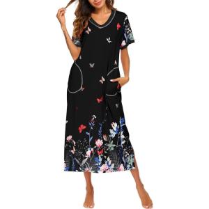 Ekouaer Women’s Full Length Short Sleeve Nightgown(Colorful Butterfly)