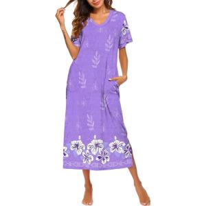 Ekouaer Women’s Full Length Short Sleeve Nightgown(Purple White Floral)