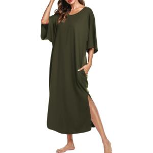 Ekouaer Women’s Nightgown Short Sleeve Sleepshirt Long Loungewear Casual Maxi Lounge Dress House Dresses with Pockets(Army Green)