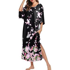 Ekouaer Women’s Nightgown Short Sleeve Sleepshirt Long Loungewear Casual Maxi Lounge Dress House Dresses with Pockets(Begonia Black)