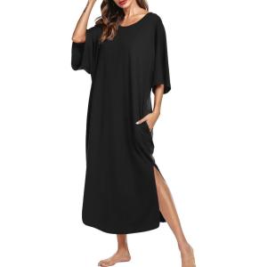 Ekouaer Women’s Nightgown Short Sleeve Sleepshirt Long Loungewear Casual Maxi Lounge Dress House Dresses with Pockets(Black)