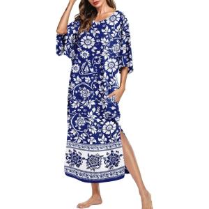 Ekouaer Women’s Nightgown Short Sleeve Sleepshirt Long Loungewear Casual Maxi Lounge Dress House Dresses with Pockets(Bohemian Flowers Blue)