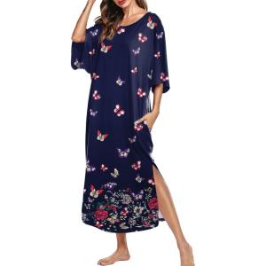 Ekouaer Women’s Nightgown Short Sleeve Sleepshirt Long Loungewear Casual Maxi Lounge Dress House Dresses with Pockets(Butterfly Black)