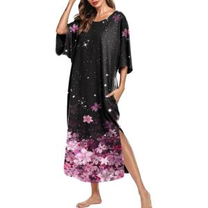 Ekouaer Women’s Nightgown Short Sleeve Sleepshirt Long Loungewear Casual Maxi Lounge Dress House Dresses with Pockets(Cherry Blossoms Black)