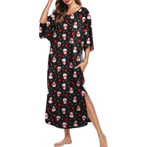 Ekouaer Women’s Nightgown Short Sleeve Sleepshirt Long Loungewear Casual Maxi Lounge Dress House Dresses with Pockets(Christmas Black Snowman)