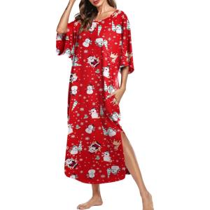Ekouaer Women’s Nightgown Short Sleeve Sleepshirt Long Loungewear Casual Maxi Lounge Dress House Dresses with Pockets(Christmas Red Snowman)