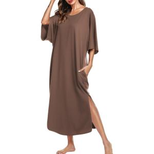 Ekouaer Women’s Nightgown Short Sleeve Sleepshirt Long Loungewear Casual Maxi Lounge Dress House Dresses with Pockets(Coffee)