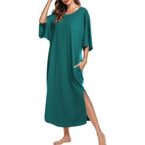 Ekouaer Women’s Nightgown Short Sleeve Sleepshirt Long Loungewear Casual Maxi Lounge Dress House Dresses with Pockets(Dark Green)
