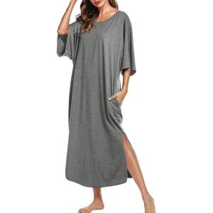 Ekouaer Women’s Nightgown Short Sleeve Sleepshirt Long Loungewear Casual Maxi Lounge Dress House Dresses with Pockets(Dark Grey)