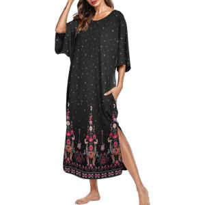 Ekouaer Women’s Nightgown Short Sleeve Sleepshirt Long Loungewear Casual Maxi Lounge Dress House Dresses with Pockets(Floral Black)