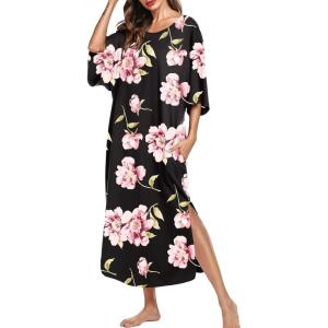 Ekouaer Women’s Nightgown Short Sleeve Sleepshirt Long Loungewear Casual Maxi Lounge Dress House Dresses with Pockets(Flower Black)