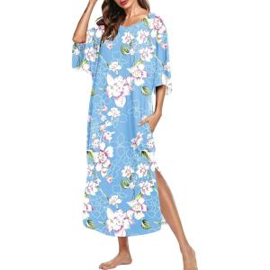 Ekouaer Women’s Nightgown Short Sleeve Sleepshirt Long Loungewear Casual Maxi Lounge Dress House Dresses with Pockets(Flower Blue)