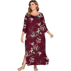 Ekouaer Women’s Nightgown Short Sleeve Sleepshirt Long Loungewear Casual Maxi Lounge Dress House Dresses with Pockets(Flower Wine Red)