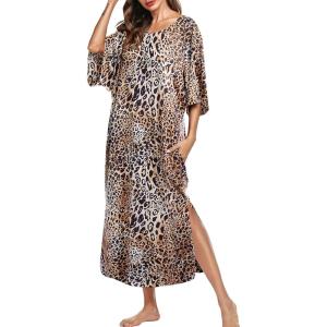 Ekouaer Women’s Nightgown Short Sleeve Sleepshirt Long Loungewear Casual Maxi Lounge Dress House Dresses with Pockets(Leopard)