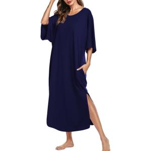 Ekouaer Women’s Nightgown Short Sleeve Sleepshirt Long Loungewear Casual Maxi Lounge Dress House Dresses with Pockets(Navy Blue)