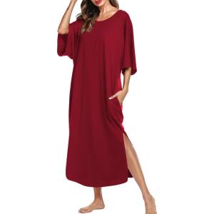 Ekouaer Women’s Nightgown Short Sleeve Sleepshirt Long Loungewear Casual Maxi Lounge Dress House Dresses with Pockets(Wine Red)