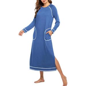 Ekouaer Women’s Nightshirt Long Sleeve Nightgown Round Neck Sleepwear Full Length Pajama Dress with Pockets Loungewear S-XXL(A-blue)