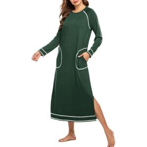 Ekouaer Women’s Nightshirt Long Sleeve Nightgown Round Neck Sleepwear Full Length Pajama Dress with Pockets Loungewear S-XXL(A-dark Green)