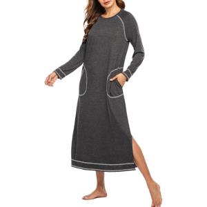 Ekouaer Women’s Nightshirt Long Sleeve Nightgown Round Neck Sleepwear Full Length Pajama Dress with Pockets Loungewear S-XXL(A-dark Grey)