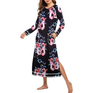 Ekouaer Women’s Nightshirt Long Sleeve Nightgown Round Neck Sleepwear Full Length Pajama Dress with Pockets Loungewear S-XXL(A_floral Black)