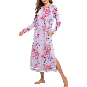 Ekouaer Women’s Nightshirt Long Sleeve Nightgown Round Neck Sleepwear Full Length Pajama Dress with Pockets Loungewear S-XXL(A_floral Lilac)