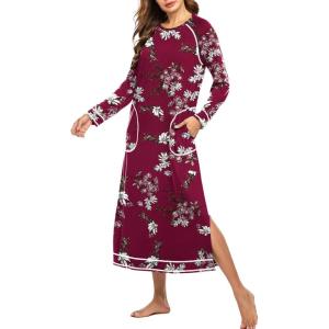 Ekouaer Women’s Nightshirt Long Sleeve Nightgown Round Neck Sleepwear Full Length Pajama Dress with Pockets Loungewear S-XXL(A_floral Red)