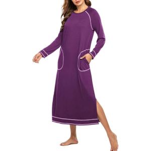 Ekouaer Women’s Nightshirt Long Sleeve Nightgown Round Neck Sleepwear Full Length Pajama Dress with Pockets Loungewear S-XXL(A-fuchsia)