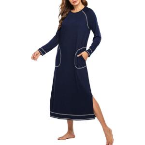 Ekouaer Women’s Nightshirt Long Sleeve Nightgown Round Neck Sleepwear Full Length Pajama Dress with Pockets Loungewear S-XXL(A-navy Blue)