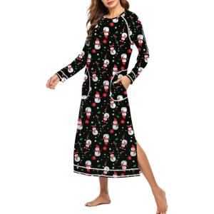 Ekouaer Women’s Nightshirt Long Sleeve Nightgown Round Neck Sleepwear Full Length Pajama Dress with Pockets Loungewear S-XXL(Christmas Snowman)