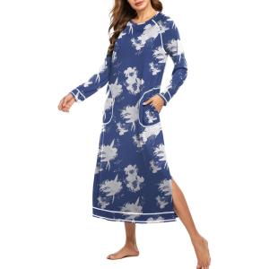 Ekouaer Women’s Nightshirt Long Sleeve Nightgown Round Neck Sleepwear Full Length Pajama Dress with Pockets Loungewear S-XXL(Pat5)