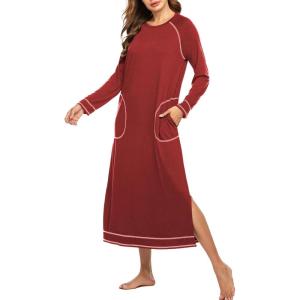 Ekouaer Women’s Nightshirt Long Sleeve Nightgown Round Neck Sleepwear Full Length Pajama Dress with Pockets Loungewear S-XXL(Wine Red2)
