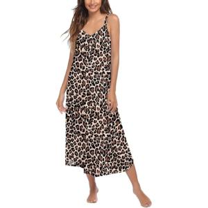 Ekouaer Womens Sleeveless Nightgown Full Slip Nightshirt Print Nightwear Full Length Loungewear Soft Nightdress(Brown Leopard Print)