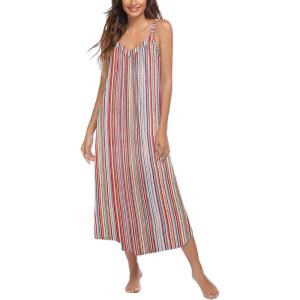 Ekouaer Womens Sleeveless Nightgown Full Slip Nightshirt Print Nightwear Full Length Loungewear Soft Nightdress(Color Vertical Stripes)