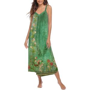 Ekouaer Womens Sleeveless Nightgown Full Slip Nightshirt Print Nightwear Full Length Loungewear Soft Nightdress(Green Ethnic Style)
