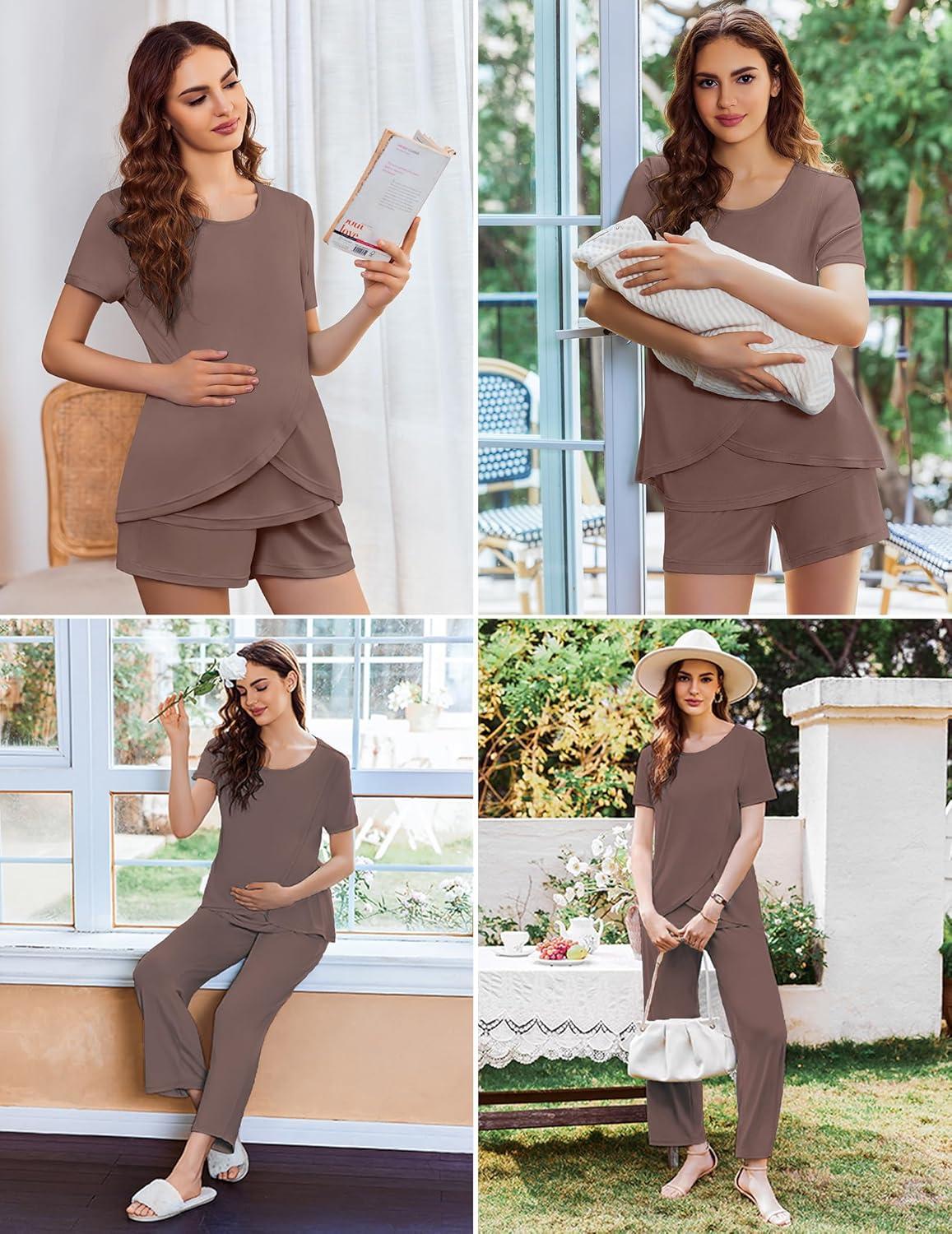 imageEkouaer 3 PCS Maternity Nursing Pajamas Set Postpartum Breastfeeding Short Sleeve Shirts Pregnancy Shorts amp Pants Pjs SXXLBrown