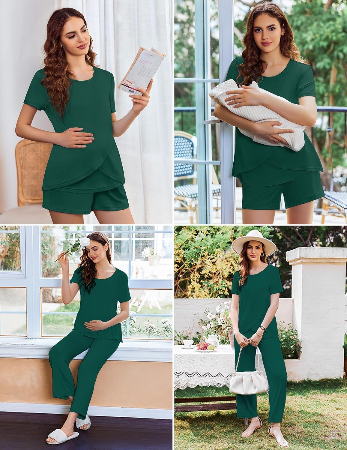 imageEkouaer 3 PCS Maternity Nursing Pajamas Set Postpartum Breastfeeding Short Sleeve Shirts Pregnancy Shorts amp Pants Pjs SXXLDark Green