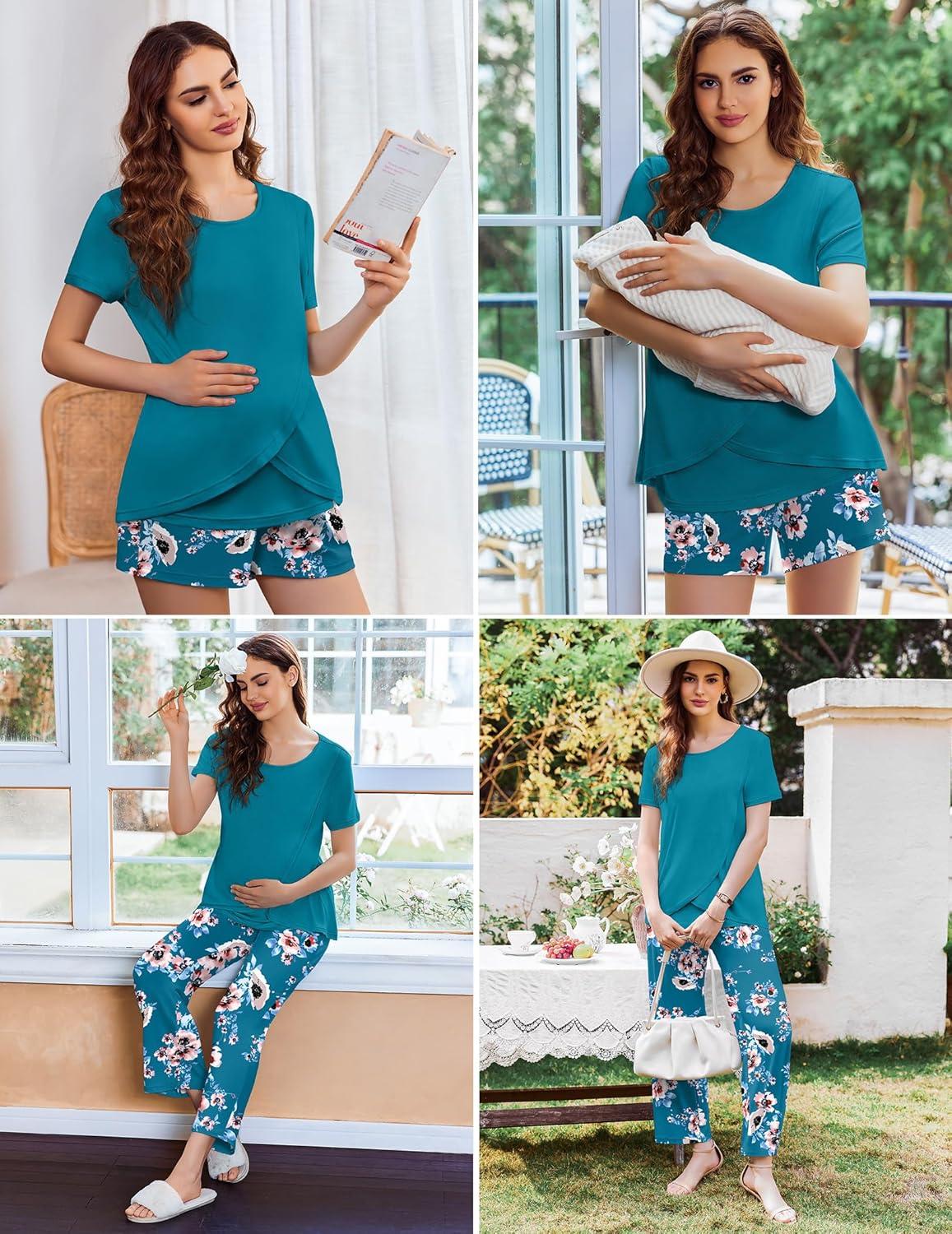 imageEkouaer 3 PCS Maternity Nursing Pajamas Set Postpartum Breastfeeding Short Sleeve Shirts Pregnancy Shorts amp Pants Pjs SXXLGreen Print