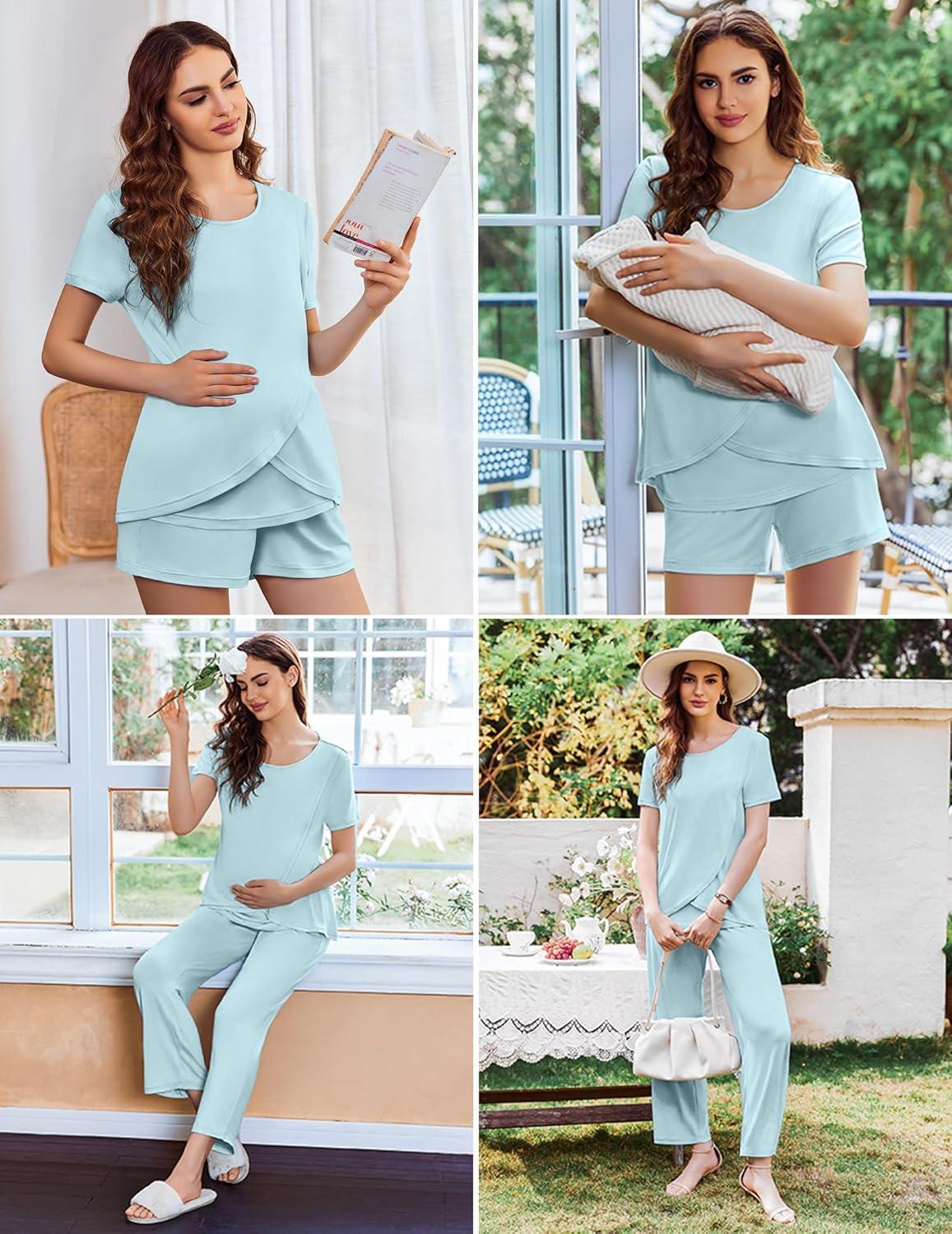 imageEkouaer 3 PCS Maternity Nursing Pajamas Set Postpartum Breastfeeding Short Sleeve Shirts Pregnancy Shorts amp Pants Pjs SXXLLight Blue