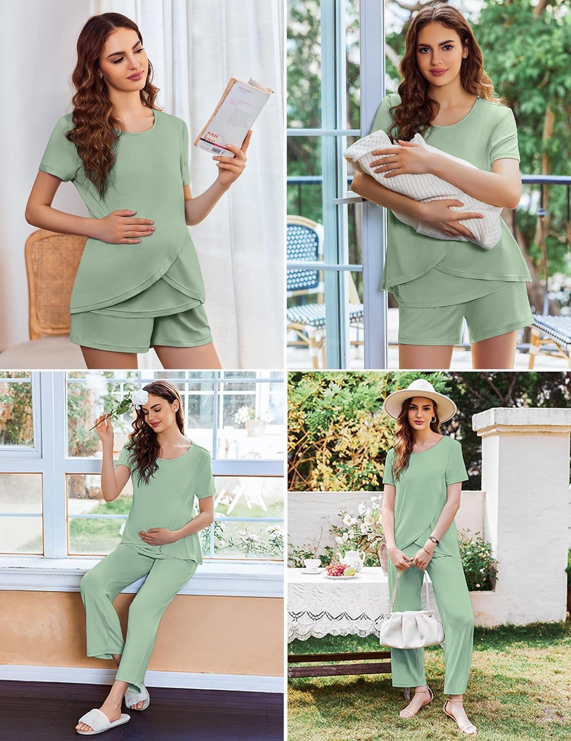 imageEkouaer 3 PCS Maternity Nursing Pajamas Set Postpartum Breastfeeding Short Sleeve Shirts Pregnancy Shorts amp Pants Pjs SXXLLight Green