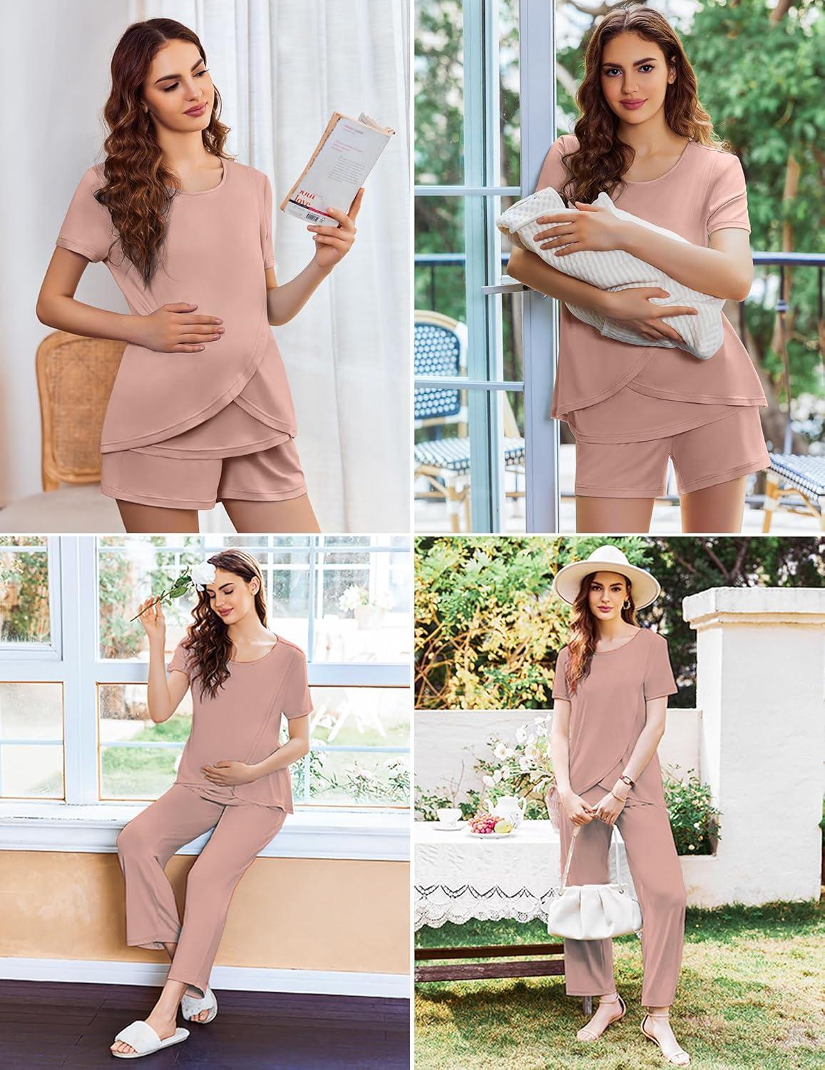 imageEkouaer 3 PCS Maternity Nursing Pajamas Set Postpartum Breastfeeding Short Sleeve Shirts Pregnancy Shorts amp Pants Pjs SXXLPink