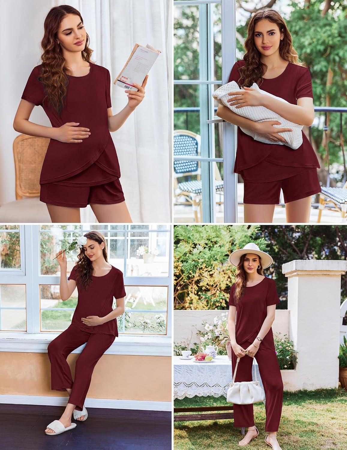 imageEkouaer 3 PCS Maternity Nursing Pajamas Set Postpartum Breastfeeding Short Sleeve Shirts Pregnancy Shorts amp Pants Pjs SXXLWine Red