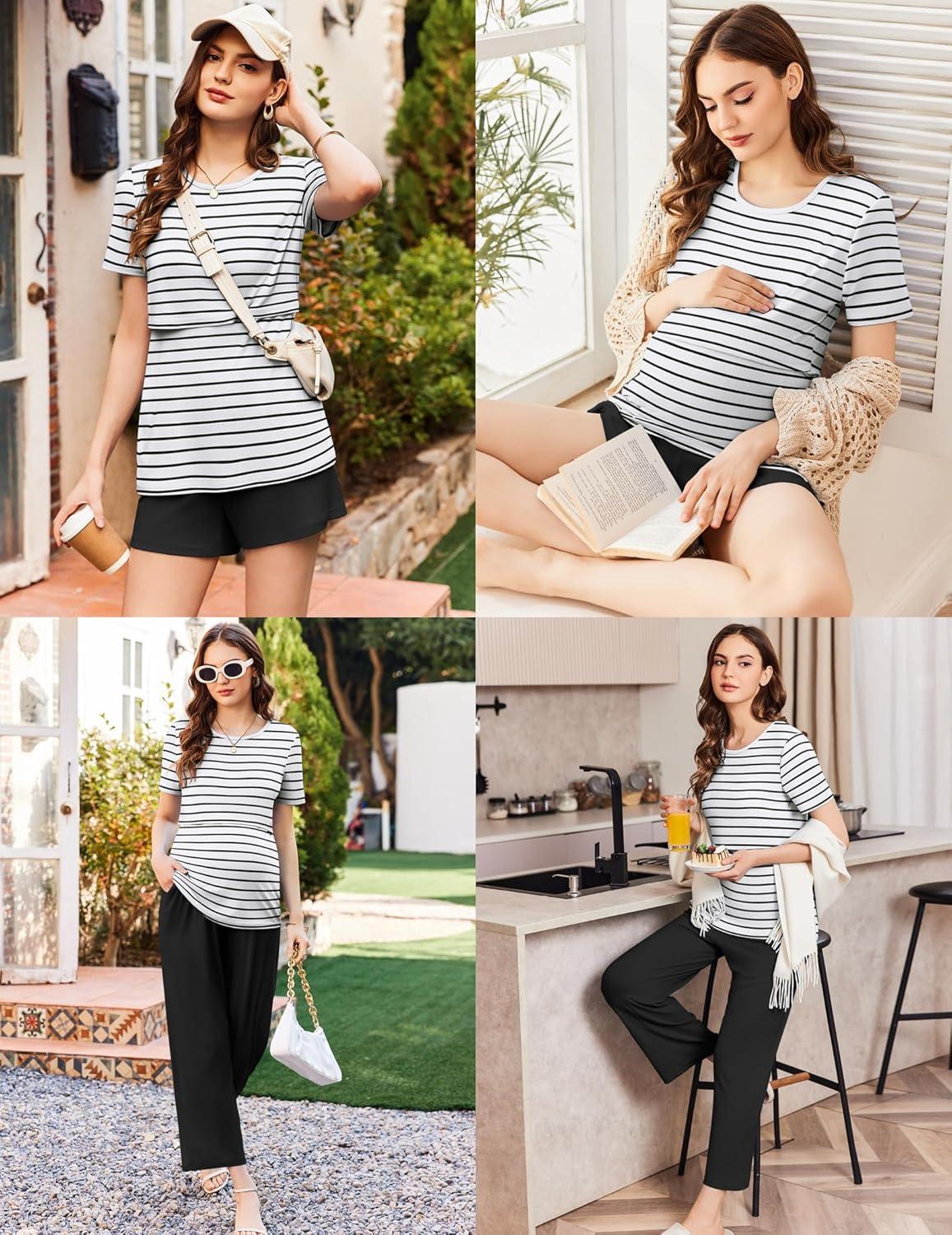 imageEkouaer 3 Piece Postpartum Nursing Pajamas Set Short Sleeve Breastfeeding Shirts Pregnancy Shorts amp Pants Maternity PjsBlack White Stripes