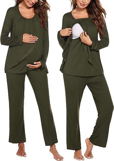 imageEkouaer Maternity Nursing Pajama Set Long Sleeve Top amp Pants with Pockets Breastfeeding Sleepwear Double Layer PregnancyArmy Green