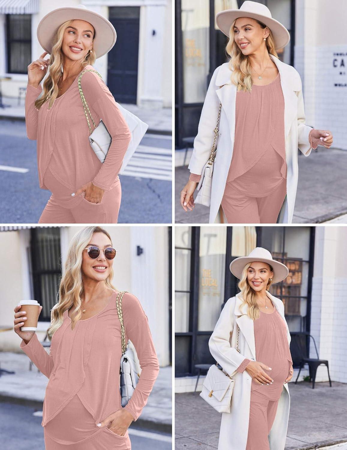 imageEkouaer Maternity Nursing Pajama Set Long Sleeve Top amp Pants with Pockets Breastfeeding Sleepwear Double Layer PregnancyMisty Pink
