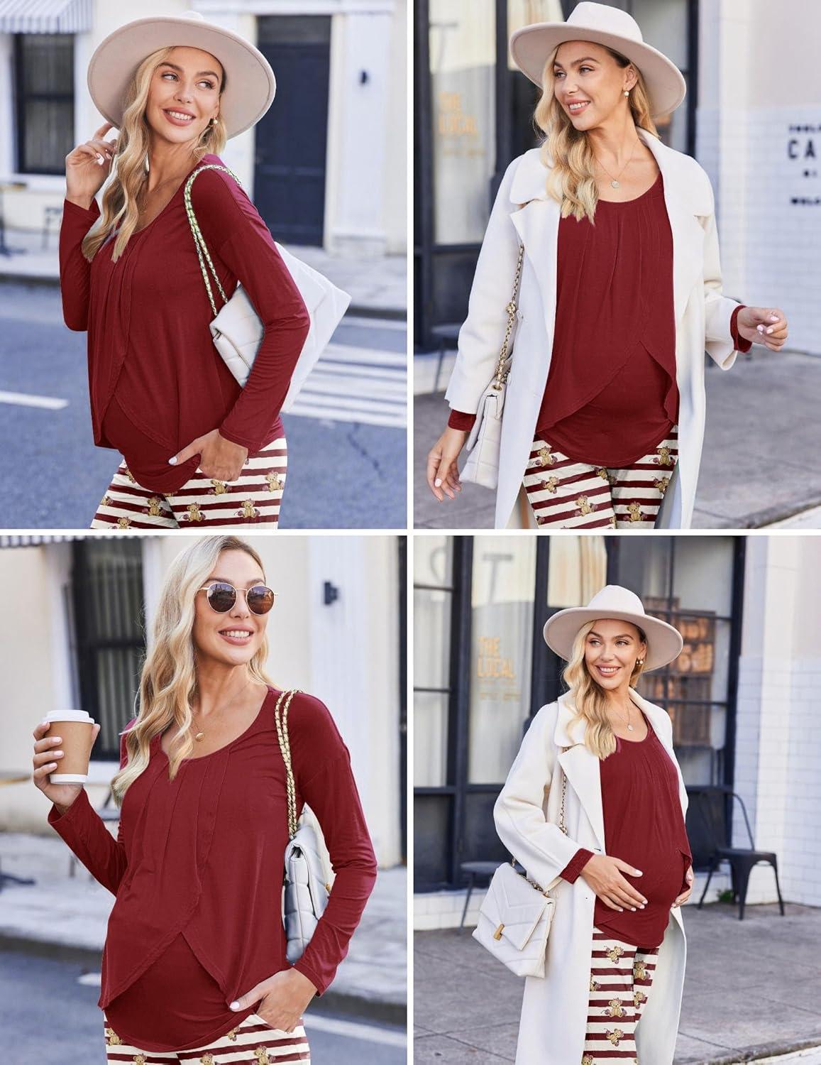 imageEkouaer Maternity Nursing Pajama Set Long Sleeve Top amp Pants with Pockets Breastfeeding Sleepwear Double Layer PregnancyWine Beer Stripe