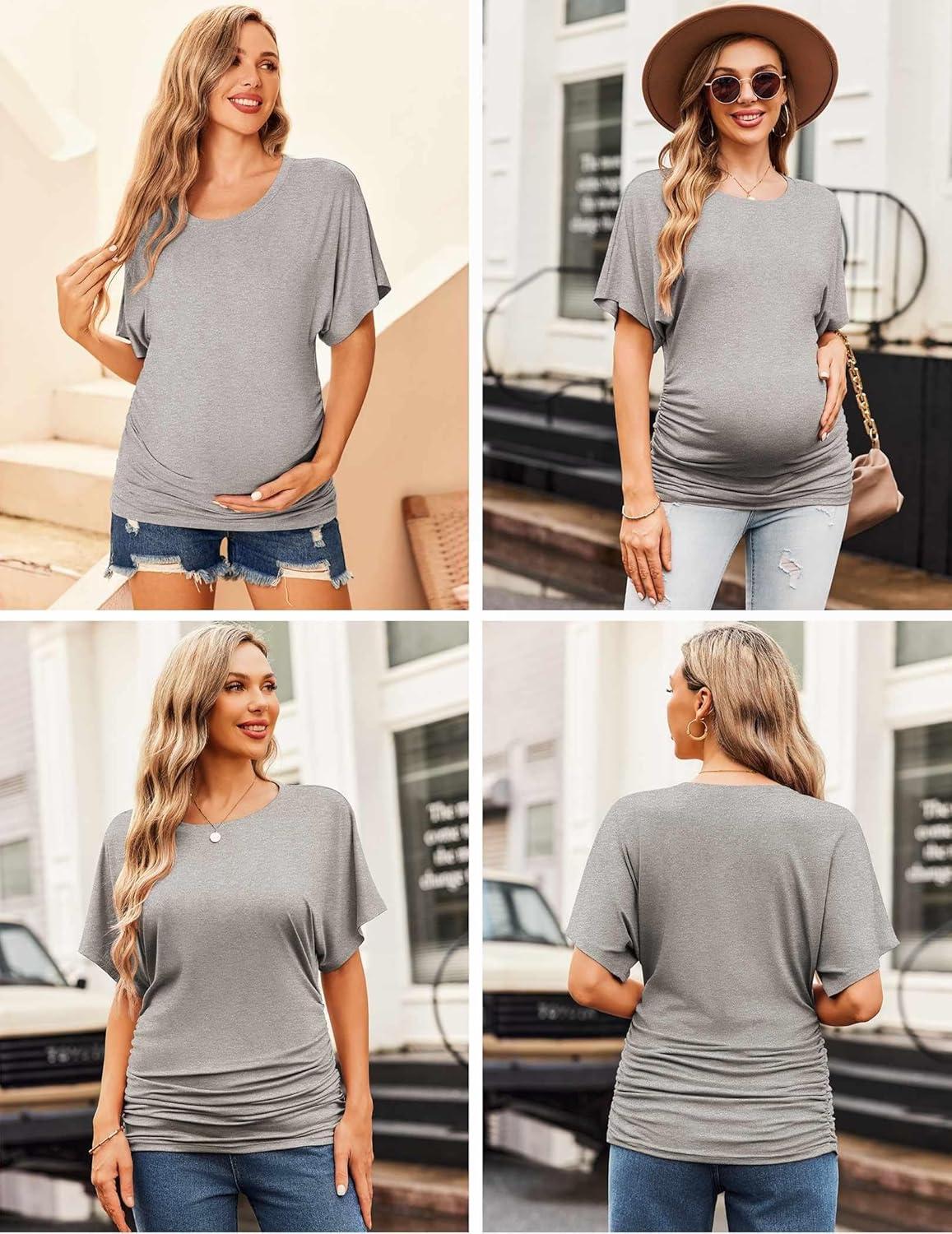 imageEkouaer Maternity Shirts 3 Packs Dolman Sleeve Side Ruched Tops Tunic Casual Pregnancy ClothesBlackGreenGray