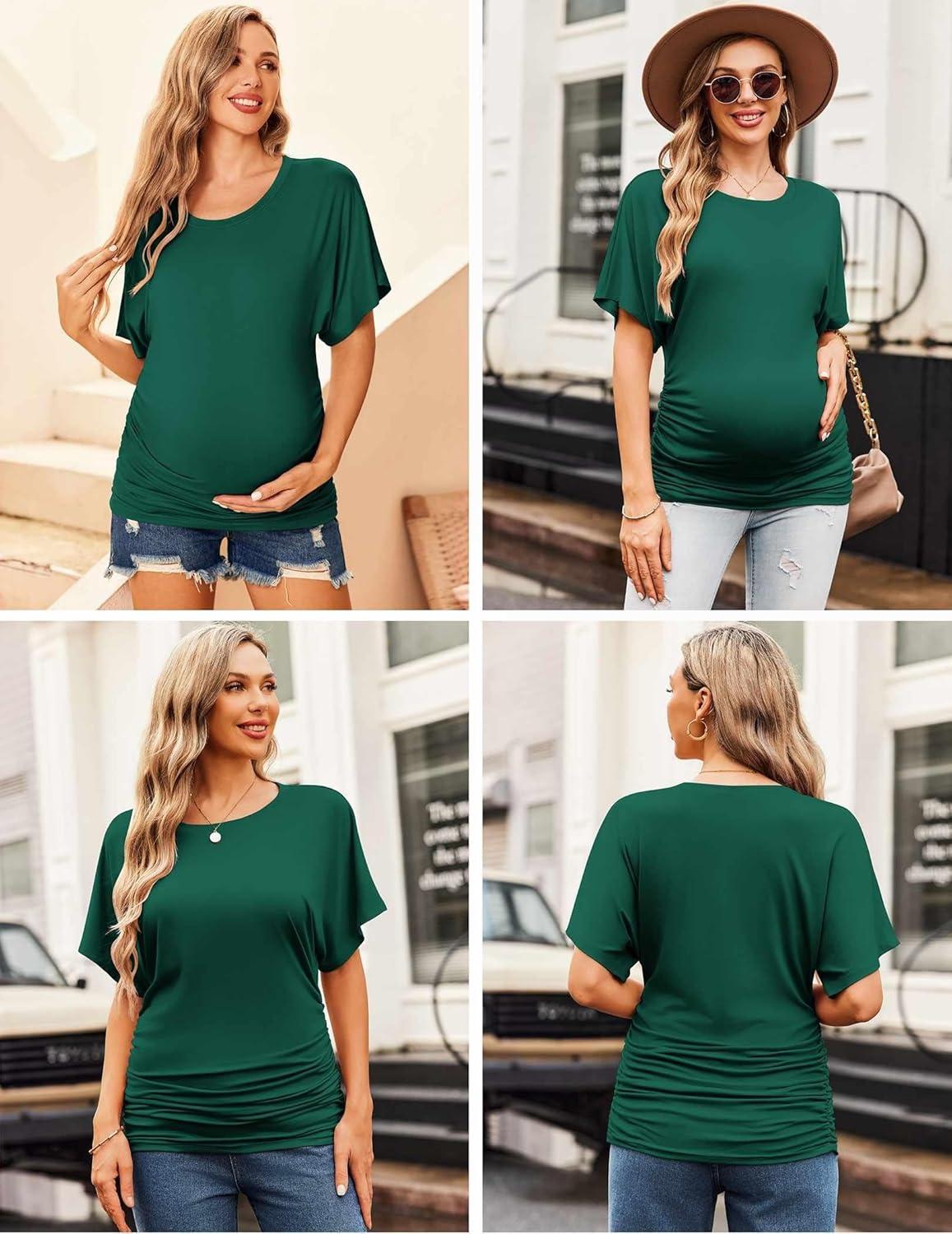 imageEkouaer Maternity Shirts 3 Packs Dolman Sleeve Side Ruched Tops Tunic Casual Pregnancy ClothesBlackGreenGray